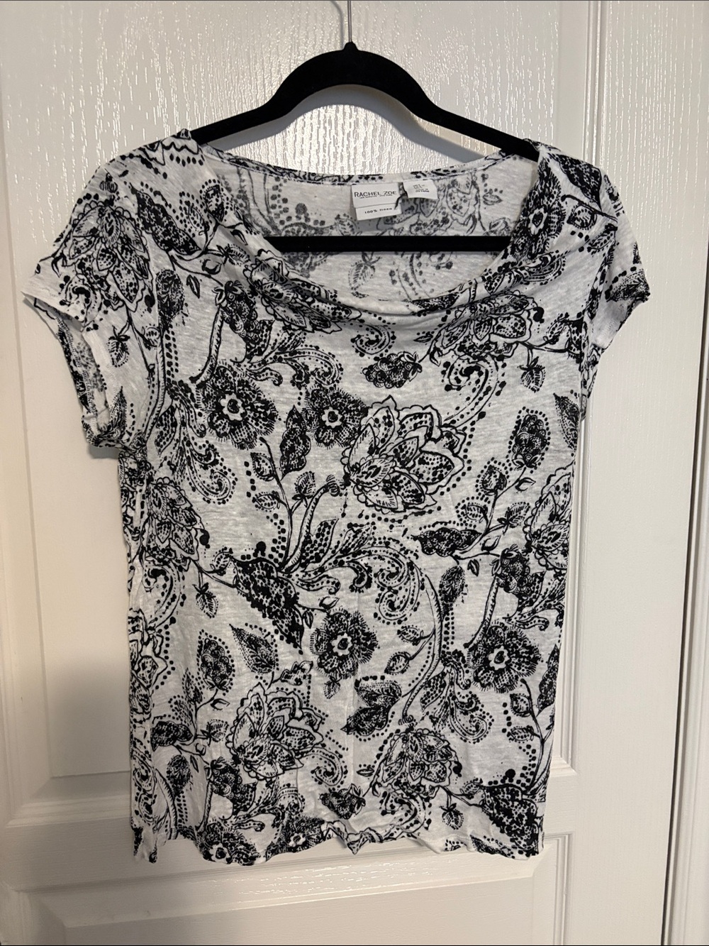 Rachel Zoe Linen Black and White Floral Short Sleeve Top
